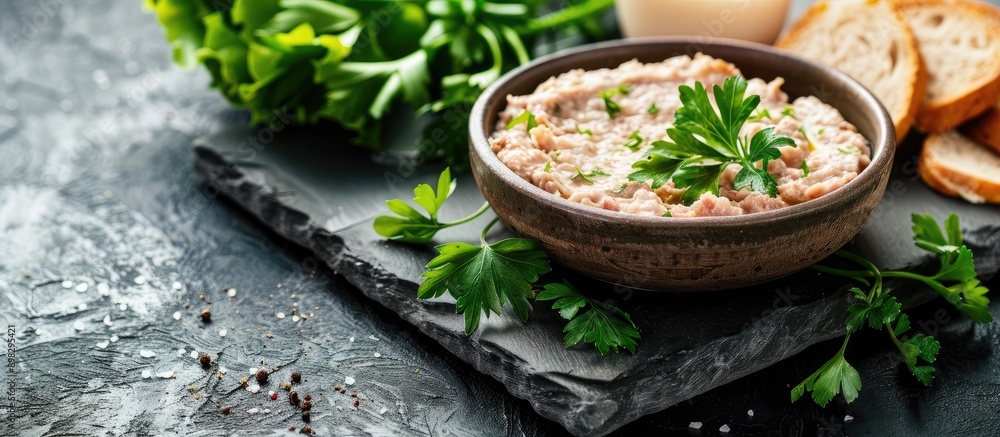 Poster chicken pate garnished with parsley on a cutting board on a stone background providing space for you