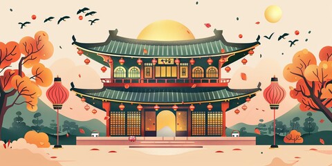 Obraz premium Festive Korean Temple Mid-Autumn Festival Traditional Decorations