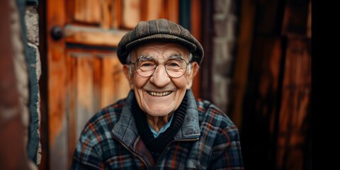 Elderly man wearing a hat and glasses is smiling outdoors