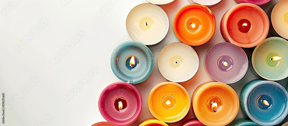 Poster colorful candles arranged on a white background providing an elegant setting with copy space image