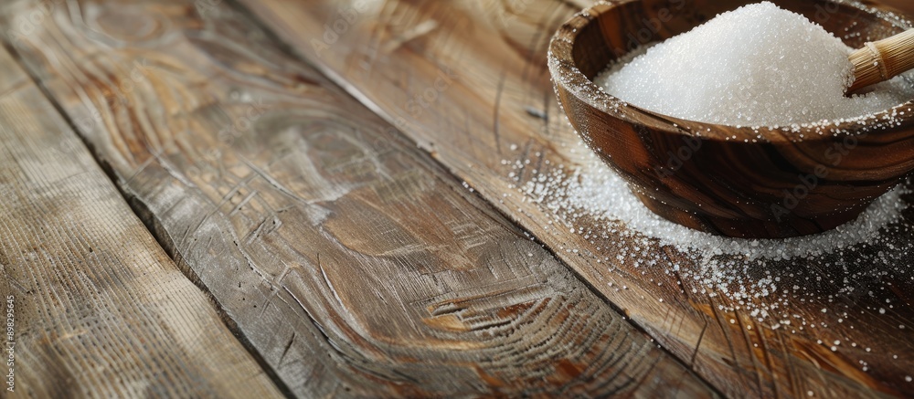 Poster close up of granulated sugar in a bowl on a wooden table providing copy space image