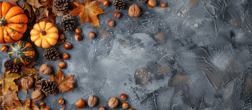 Poster autumn themed arrangement featuring pumpkins hazelnuts and cones on a textured surface with a fall a
