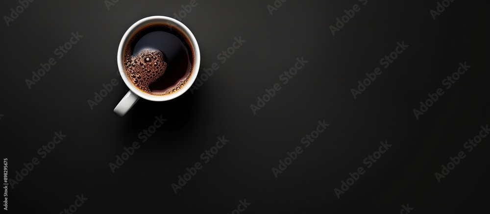Poster a top down view of black coffee in a cup against a black background creating a minimalist compositio
