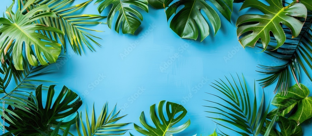 Leinwandbilder Top view flat lay composition featuring tropical palm and monstera leaves on a blue background with a clipping path isolated for a copy space image enhancing a tropical and jungle aesthetic