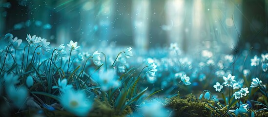 Fototapeta premium Close up photo in a forest meadow of snowdrop windflowers with a beautiful background of anemones perfect for a banner with copy space image