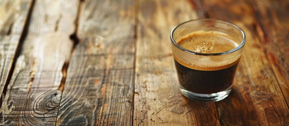 Aufkleber close up image of coffee in a glass cup on a vibrant wooden surface with space for text or graphics.