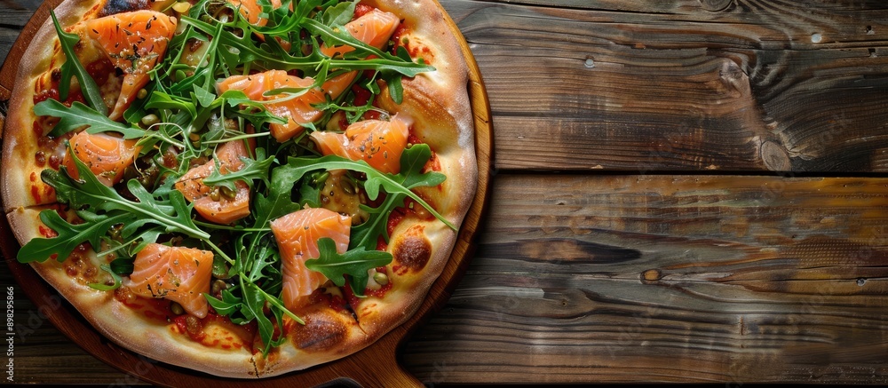 Poster delicious restaurant dish featuring salmon and arugula on a pizza with a visually appealing presenta