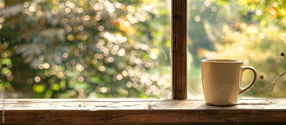 Poster the coffee cup does not sit on a wooden windowsill in the image with space for text. creative banner