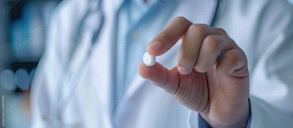 Poster close up shot of a physician holding a pill with copy space image