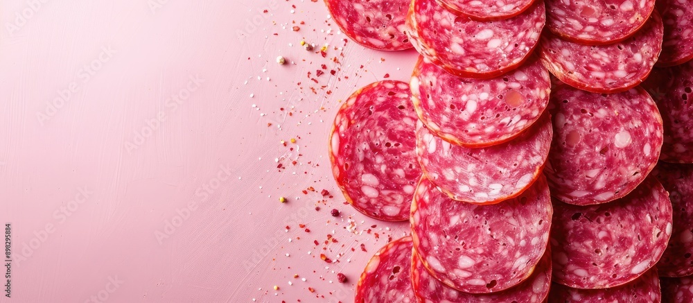 Poster Delicious salami slices arranged on a bright backdrop with copy space image