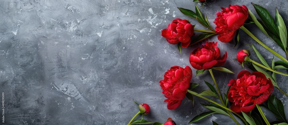 Poster flat lay composition with red peonies on a gray backdrop featuring a blank frame for text perfect fo