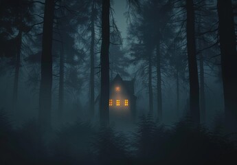 A spooky cabin with glowing windows stands in a dark, foggy forest.