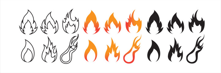 Fire flame icon set. Fire flames. Flame symbols. Fire silhouette. Set of red, orange, Black, and vector line fire flame. Collection of hot flaming elements. Fire, flame. Vector illustration.