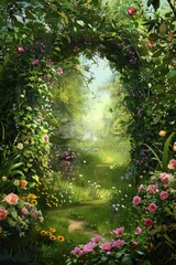 Fototapeta premium Flower Garden Archway. A frame made of blooming flowers intertwined with leafy vines. The center opens to a bright, sunlit meadow, with a path leading through the flowers,
