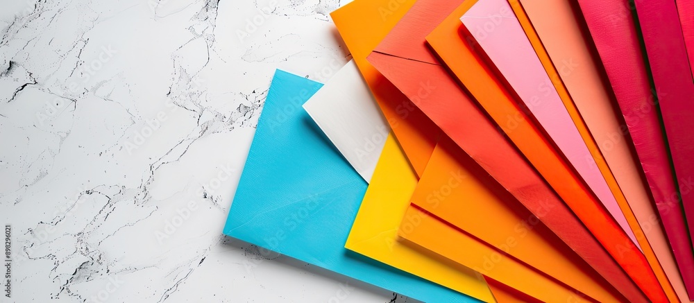 Fototapete Colorful papers are displayed on a white table with plenty of space for text or images. Creative banner. Copyspace image