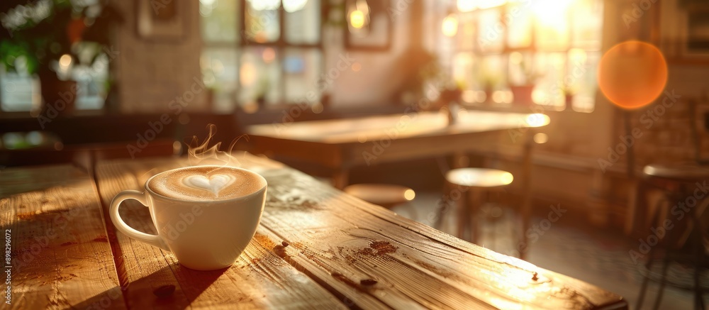 Leinwandbilder a cappuccino with heart shaped latte art foam on a wooden table near a window with a light shade cre