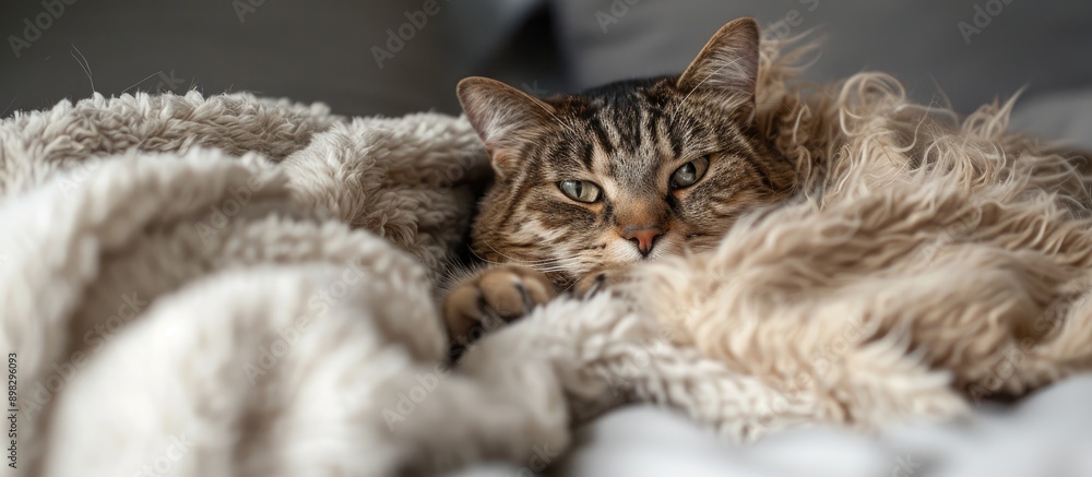 Poster a brown tabby cat with fluffy fur is resting on a bed providing a perfect copy space image