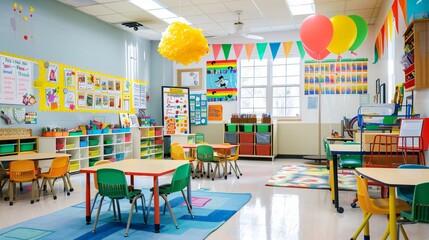 A bright and cheerful kindergarten classroom with colorful decorations and learning stations