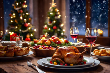 Christmas festive traditional dinner table with candles and decorations, christmas tree on the bachground. New year eve background, winter holidays template for design, greeting postcard.