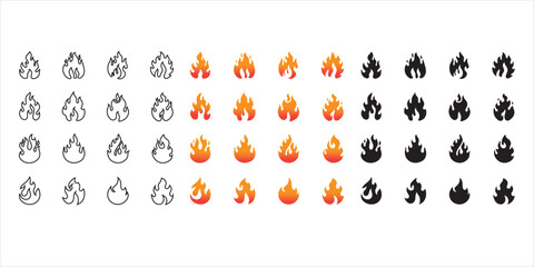 Fire flame icon set. Fire flames. Flame symbols. Fire silhouette. Set of red, orange, Black, and vector line fire flame. Collection of hot flaming elements. Fire, flame. Vector illustration. © saint