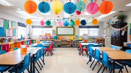 A bright and cheerful kindergarten classroom with colorful decorations and learning stations