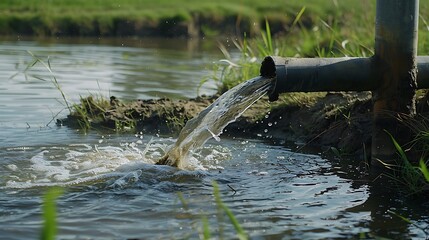Earth day, Water is dispensed from a pipe into a rice paddy field with a watery background. A water pump is used to directly plense the river for crops. 