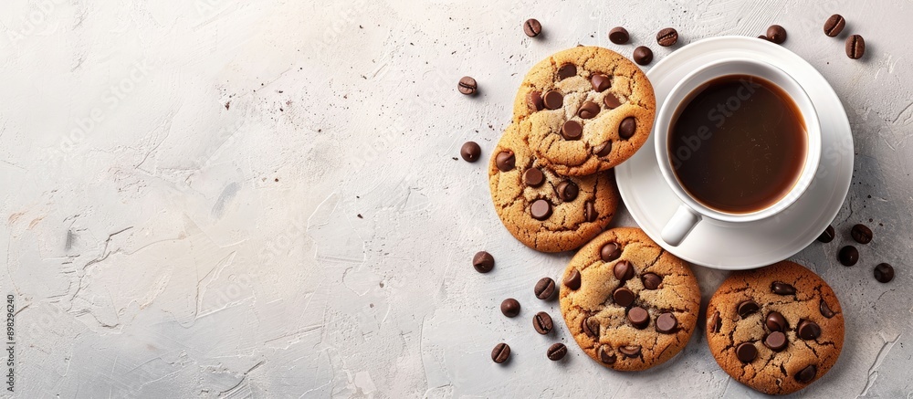 Poster top view of cookies with chocolate chips next to a cup of coffee with copy space image