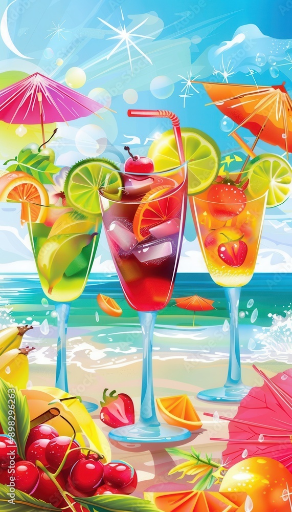 Aufkleber three tropical cocktails with various fruits and umbrellas are arranged on a sandy beach with the oc