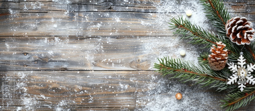 Poster view a christmas themed copy space image with a card pine cone and branch on a snowy wooden backgrou