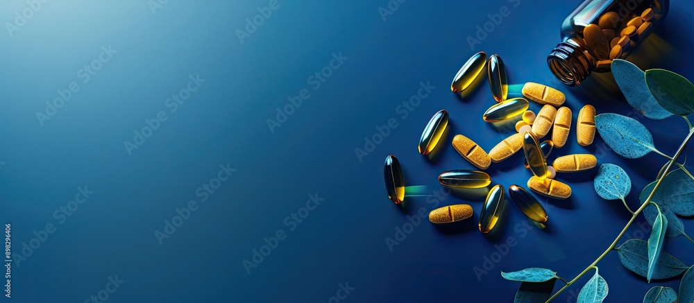 Poster Top view of a bottle and vitamin capsules displayed against a blue backdrop with copy space image