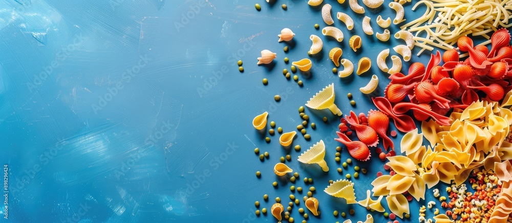 Poster blue background complements a variety of colorful pasta shapes arranged flat on a table perfect for 