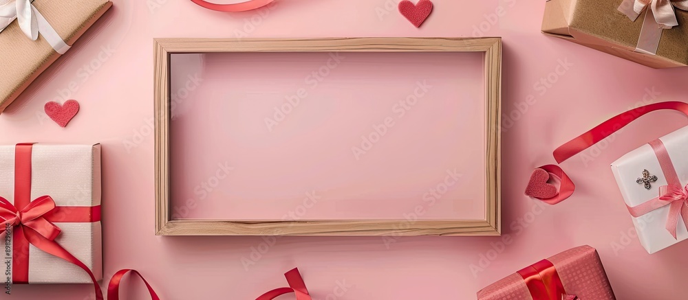 Poster celebrate valentine s day with an empty wooden frame a gift box and presents arranged on a pink back