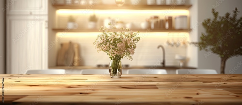 Poster blurry kitchen background with a table top setting featuring copy space image