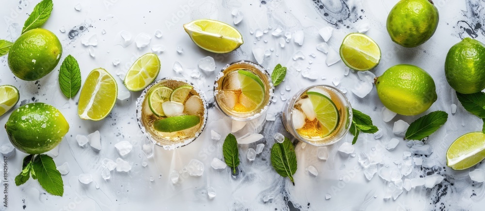 Aufkleber a flat lay composition featuring mexican tequila shots lime slices and salt arranged on a grey marbl