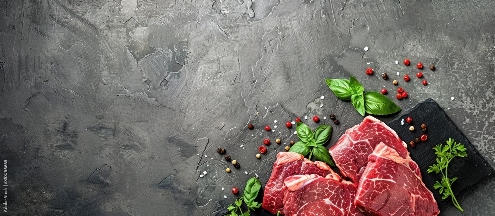 Poster Composition of fresh raw meat arranged in a flat lay style on a gray background with copy space image available