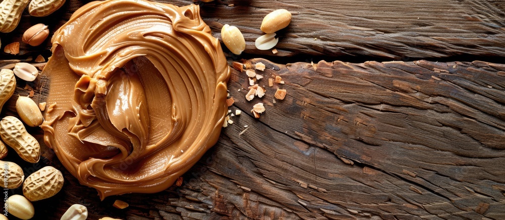 Poster Close up photo of peanut butter and peanuts on a wooden background emphasizing food and party themes with available copy space for text