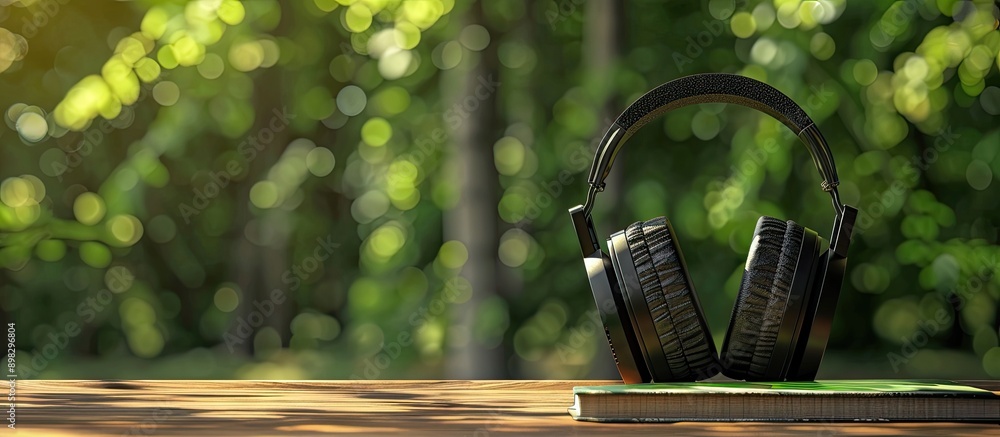 Poster A book and black headphones are placed next to each other on a wooden table with an abstract green nature blur background creating a reading and education themed copy space image