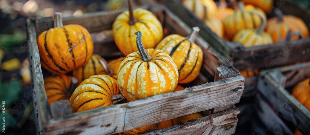 Aufkleber close up of mini striped pumpkin gourds in a wooden crate at the farm in autumn with copy space imag