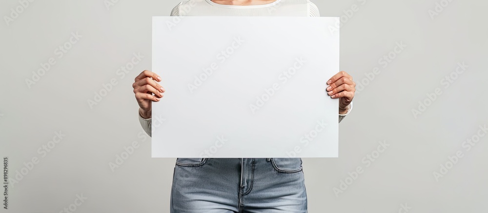 Aufkleber close up of a lady holding a signboard against a light gray backdrop with copy space image available