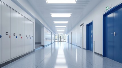 Obraz premium A clean, uncluttered school hallway with simple lockers and minimal decorations