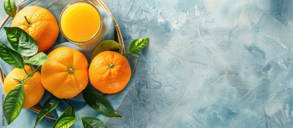Poster Top down view of a basket containing oranges with leaves accompanied by a glass of orange juice set on a bright background with ample copy space image