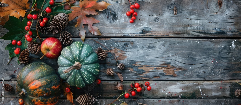 Poster An autumn themed table decoration featuring snowberries rowan berries a green pumpkin apples and cones arranged on a rustic wooden surface with space for additional images