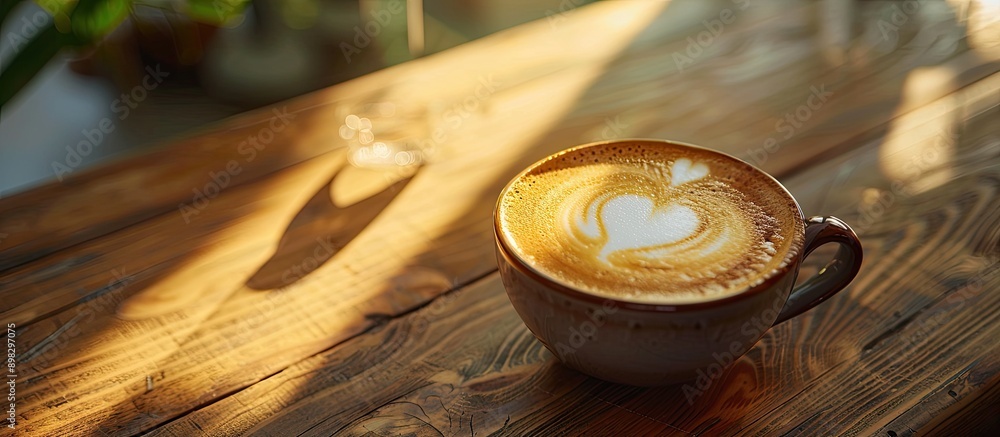Poster a cappuccino with heart shaped latte art foam on a wooden table near a window with a light shade cre