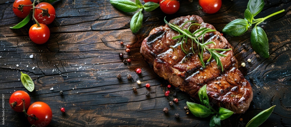 Poster beef steak on a dark wooden table with copy space image