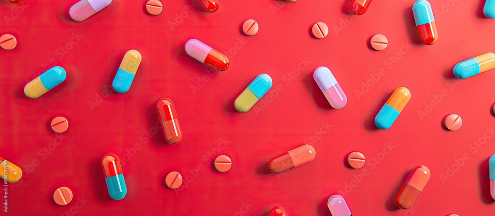 Aufkleber A creative concept featuring a colorful pattern of gelatin medicine capsules on a red background with space for adding an image. Creative banner. Copyspace image