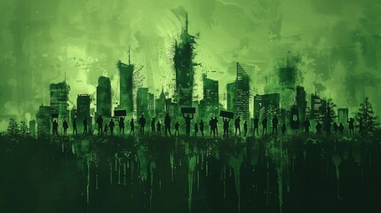 Obraz premium Environmental Protest: Silhouettes of people holding signs and protesting against climate change with a backdrop of a polluted city 