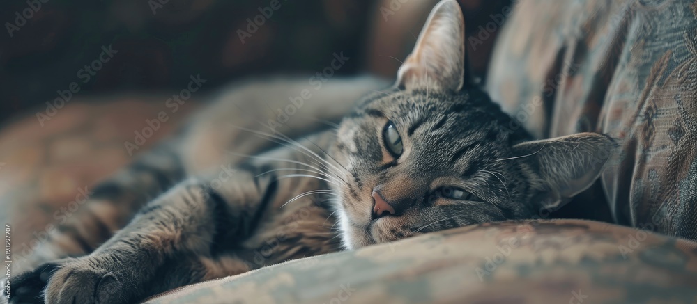Poster a charming cat lounging in the living room with copy space image