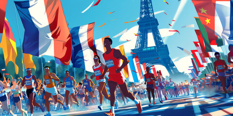Paris 2024 openening parade with all athletes and country flags, in the style of cartoon , olympic game 