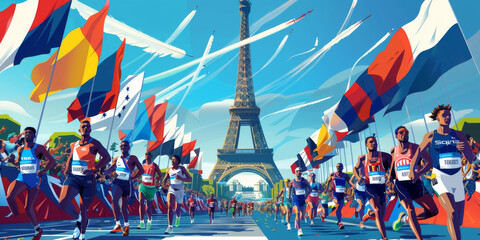 Paris 2024 openening parade with all athletes and country flags, in the style of cartoon , olympic game 