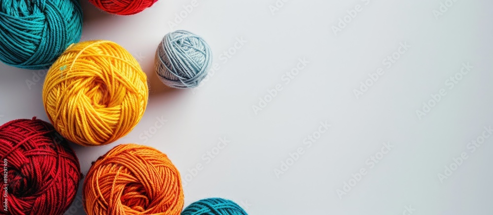 Poster Colorful yarn balls displayed on a white background with copy space image